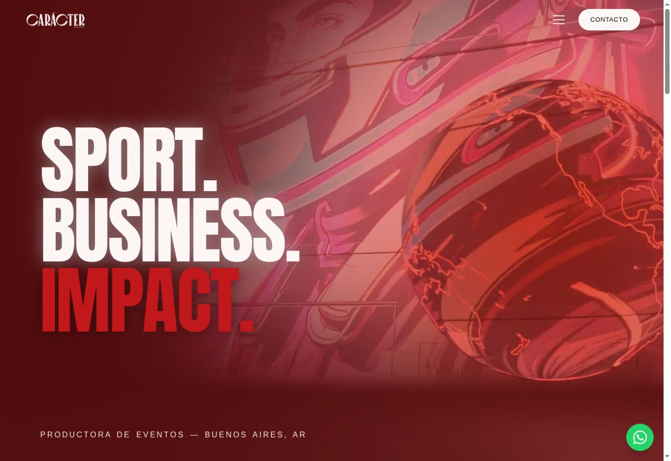 Captura real de la web de Carácter: portada Sport. Business. Impact., menú y acceso a contacto