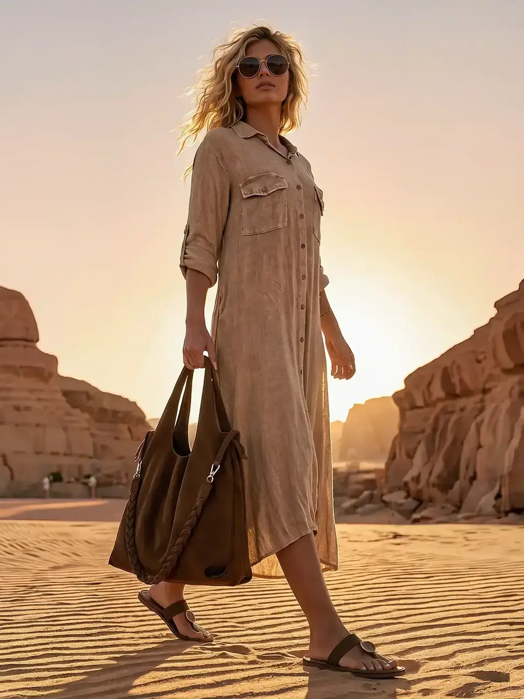 Vestido Camisero Spa en tonos arena, fotografiado en un paisaje desértico