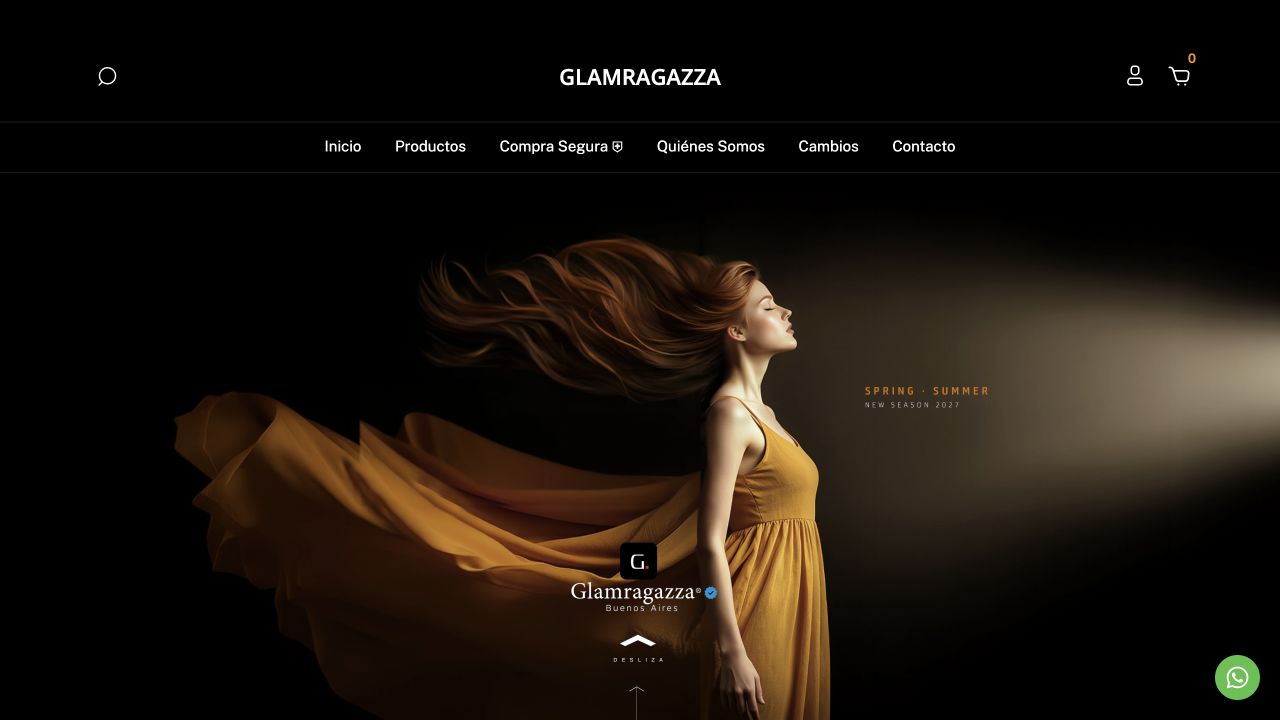 Captura real de glamragazza.com: header con logo y navegación, y portada Spring Summer en negro y dorado