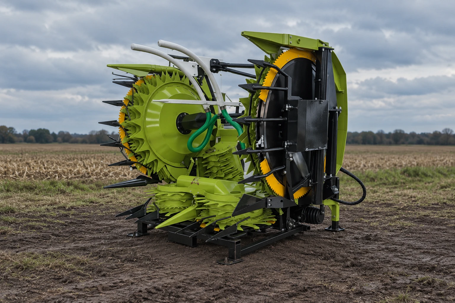 Composición del cabezal rotativo verde plegado, con sus discos y mecanismos sobre un entorno de campo