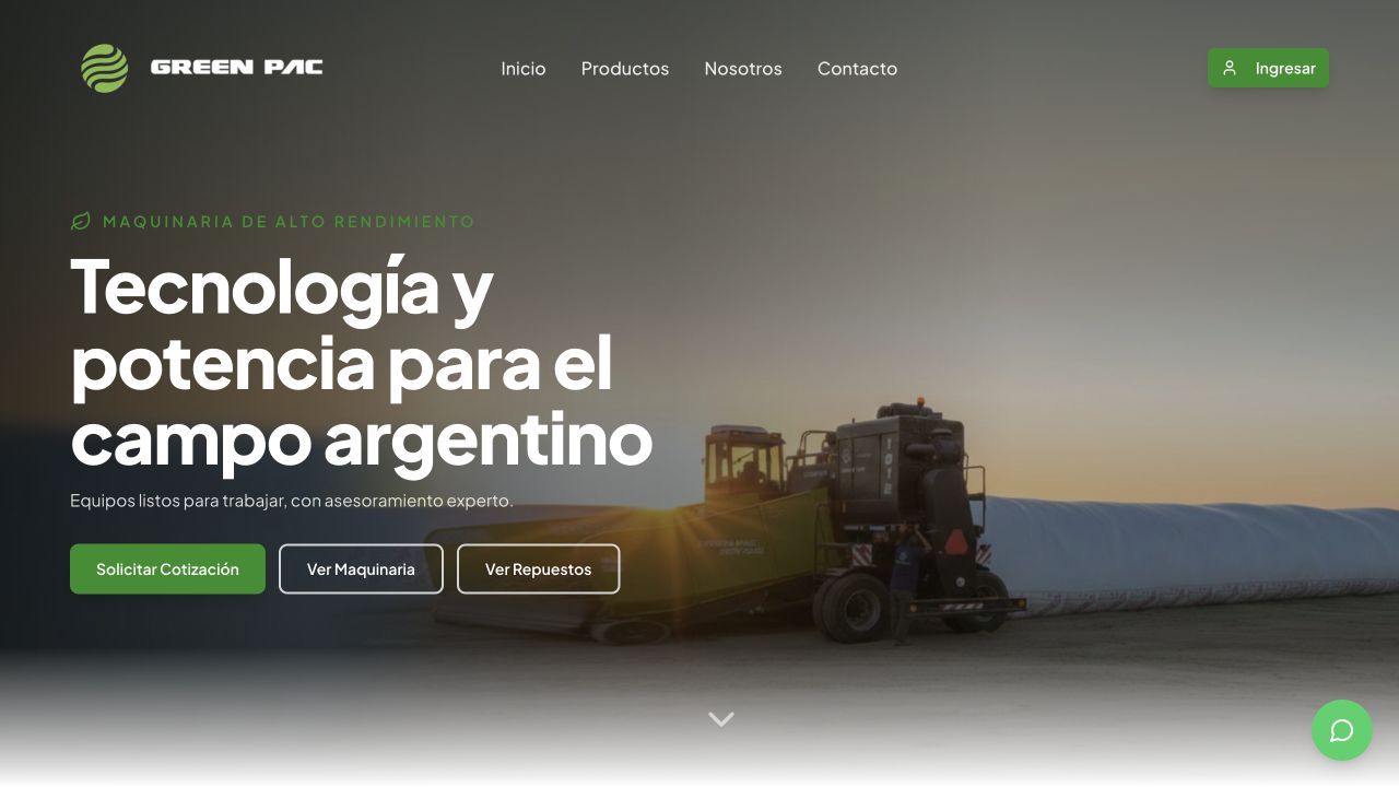 Captura real del sitio actual de Greenpac, con su menú, maquinaria y acceso al catálogo