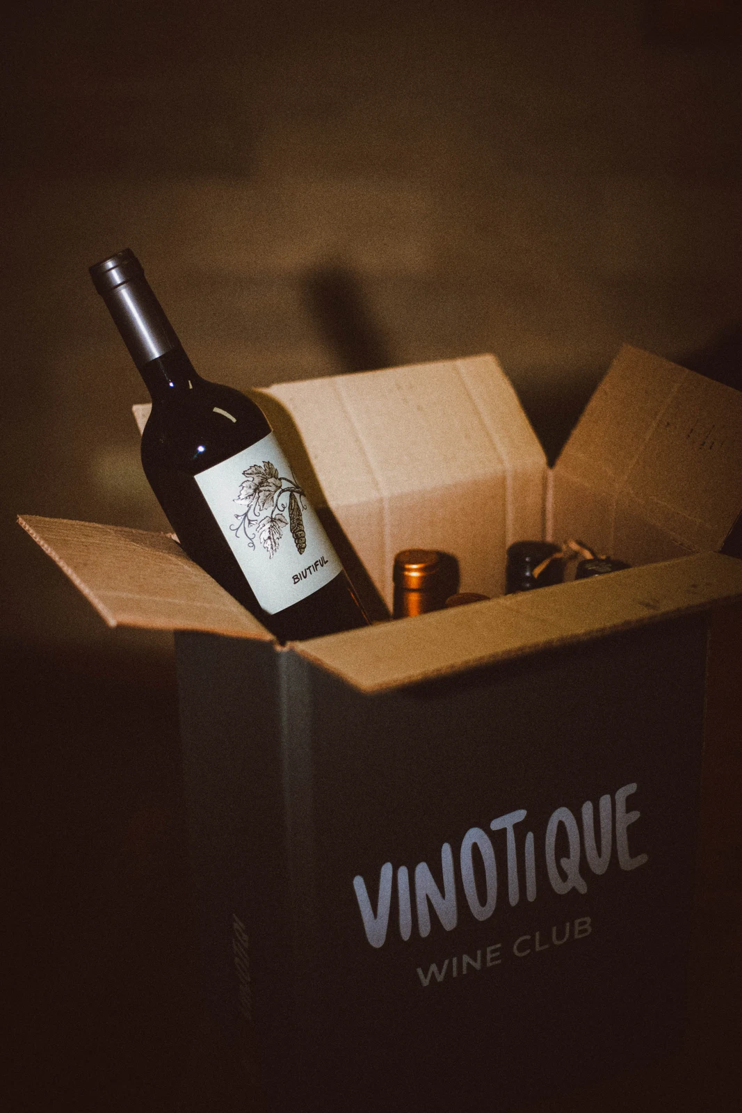 Botella de vino dentro del packaging de Vinotique